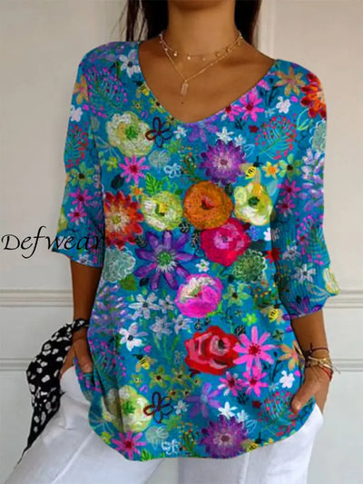 Elegant Retro Boho Floral Print V-Neck Loose Mid-Length Sleeve Top A / S