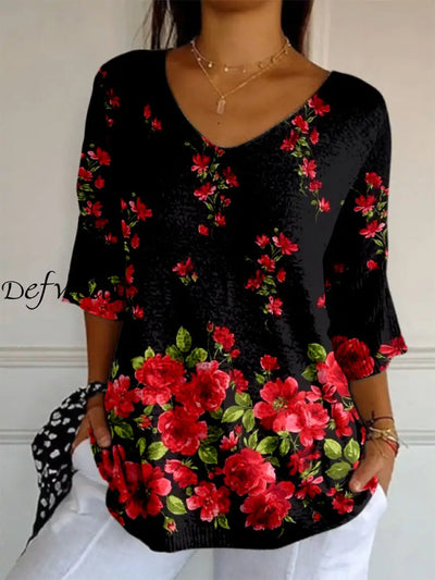 Elegant Retro Boho Floral Print V-Neck Loose Mid-Length Sleeve Top A / S