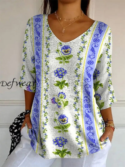 Elegant Retro Boho Floral Print V-Neck Loose Mid-Length Sleeve Top A / S