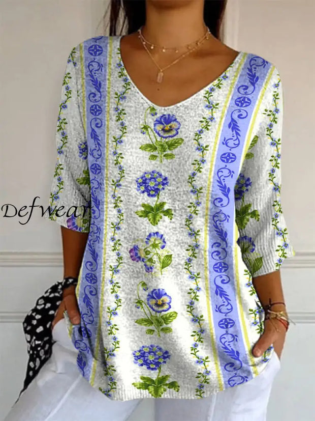 Elegant Retro Boho Floral Print V-Neck Loose Mid-Length Sleeve Top A / S