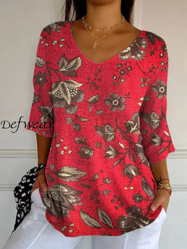 Elegant Retro Boho Floral Print V-Neck Loose Mid-Length Sleeve Top A / S