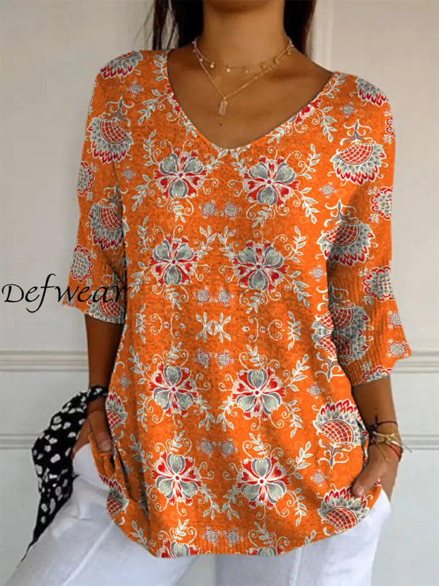 Elegant Retro Boho Floral Print V-Neck Loose Mid-Length Sleeve Top A / S