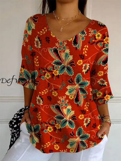 Elegant Retro Boho Floral Print V-Neck Loose Mid-Length Sleeve Top A / S