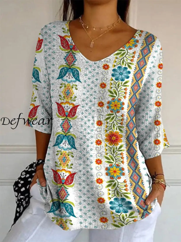 Elegant Retro Boho Floral Print V-Neck Loose Mid-Length Sleeve Top A / S