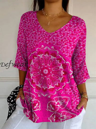 Elegant Retro Boho Floral Print V-Neck Loose Mid-Length Sleeve Top A / S