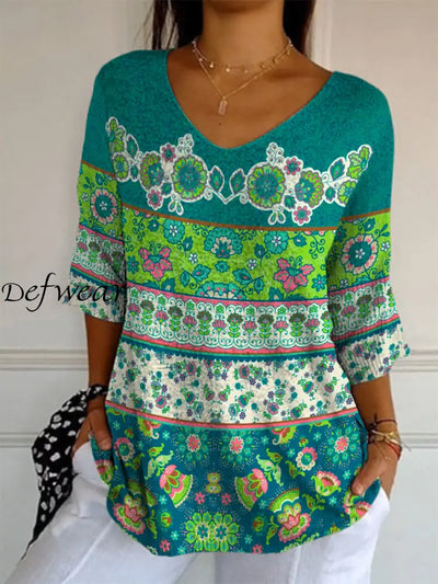 Elegant Retro Boho Floral Print V-Neck Loose Mid-Length Sleeve Top A / S