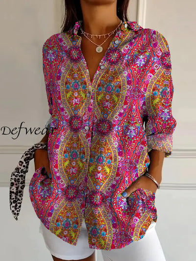 Elegant Retro Boho Floral Print Vintage Chic V-Neck Button Up Long Sleeve Shirt A / S