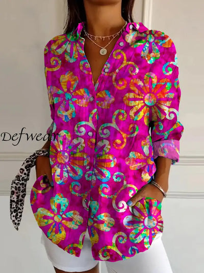 Elegant Retro Boho Floral Print Vintage Chic V-Neck Button Up Long Sleeve Shirt A / S