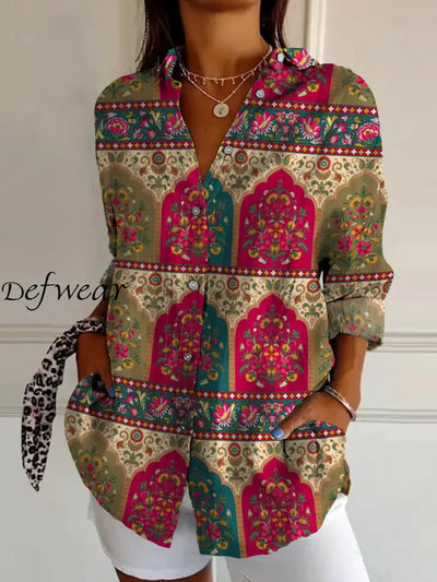 Elegant Retro Boho Floral Print Vintage Chic V-Neck Button Up Long Sleeve Shirt A / S