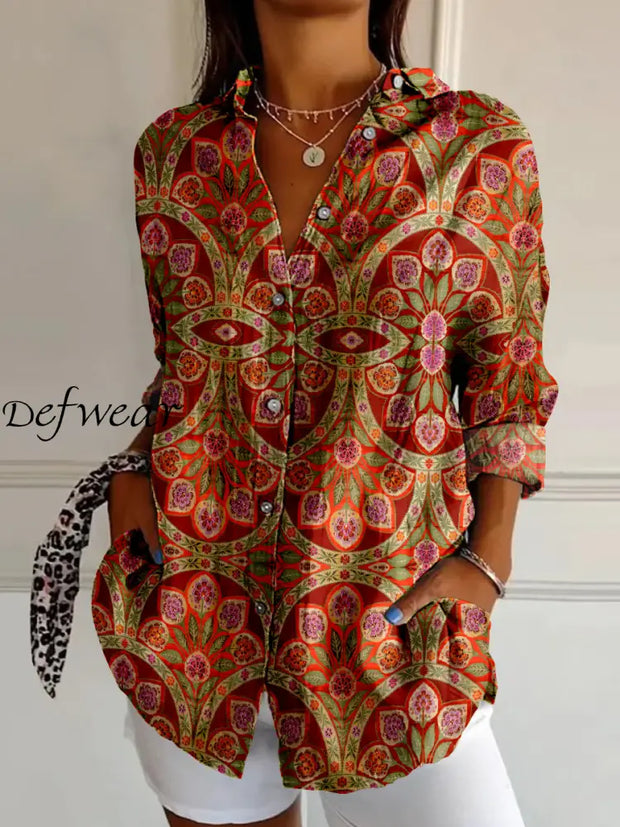 Elegant Retro Boho Floral Print Vintage Chic V-Neck Button Up Long Sleeve Shirt A / S