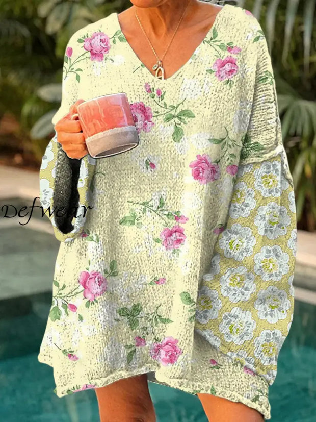 Elegant Retro Boho Floral Print Vintage Loose Chic V-Neck Long Sleeve Thick Knit Sweater A / S