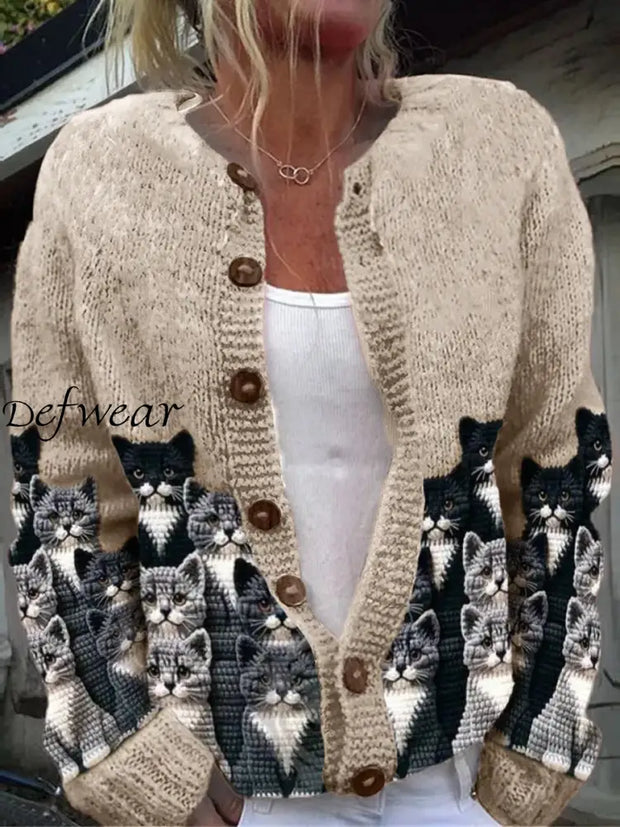 Elegant Retro Cat Print Buttoned Casual Long-Sleeved Knit Cardigan Sweater A / S