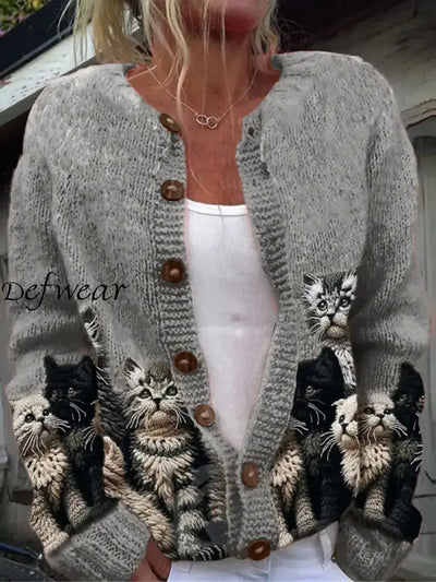 Elegant Retro Cat Print Buttoned Casual Long-Sleeved Knit Cardigan Sweater A / S