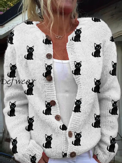 Elegant Retro Cute Cat Print Buttoned Casual Long-Sleeved Knit Cardigan Sweater A / S