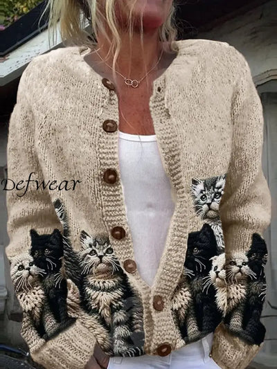 Elegant Retro Cute Cat Print Buttoned Casual Long-Sleeved Knit Cardigan Sweater A / S