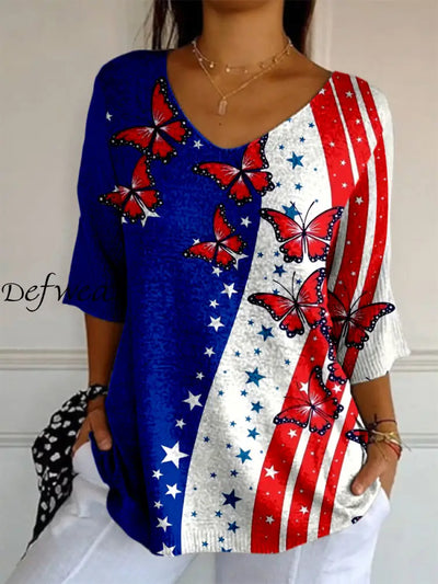 Elegant Retro Flag Art Print V-Neck Loose Mid-Length Sleeve Top A / S