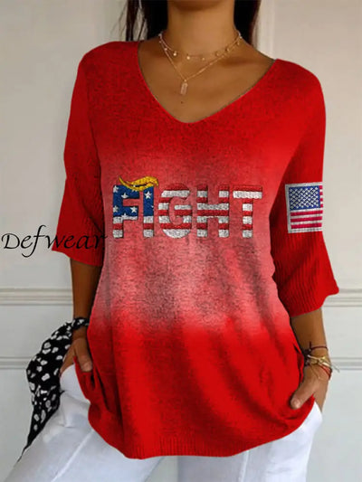 Elegant Retro Flag Art Print V-Neck Loose Mid-Length Sleeve Top A / S