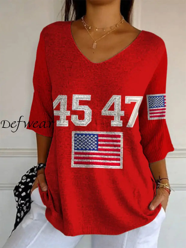 Elegant Retro Flag Art Print V-Neck Loose Mid-Length Sleeve Top A / S