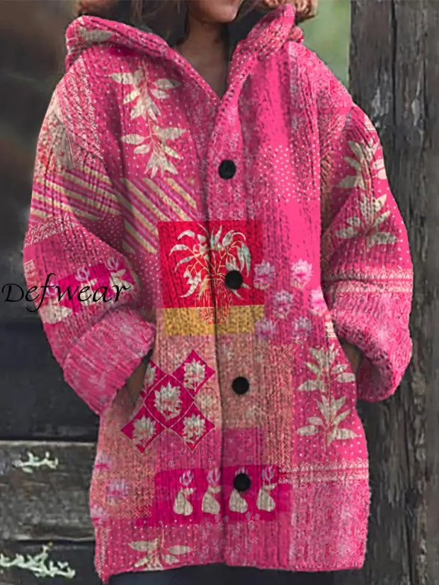 Elegant Retro Floral Print Button Up Thick Long-Sleeved Hooded Cardigan Sweater A / S