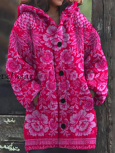 Elegant Retro Floral Print Button Up Thick Long-Sleeved Hooded Cardigan Sweater A / S