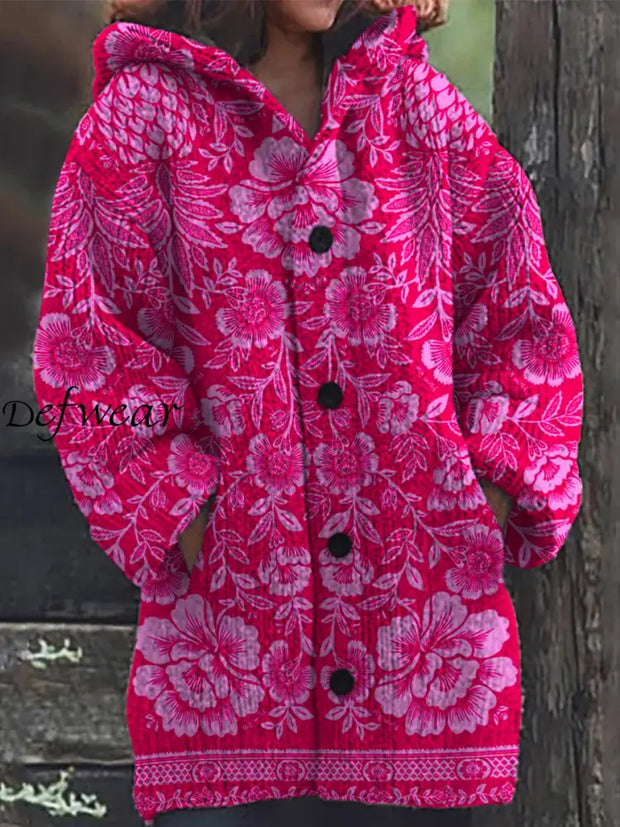 Elegant Retro Floral Print Button Up Thick Long-Sleeved Hooded Cardigan Sweater A / S