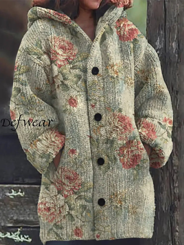 Elegant Retro Floral Print Button Up Thick Long-Sleeved Hooded Cardigan Sweater A / S