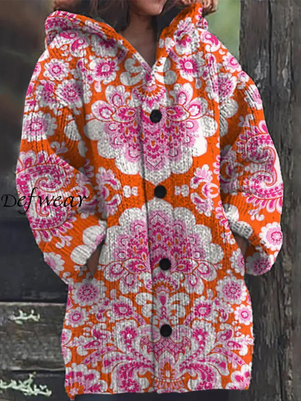 Elegant Retro Floral Print Button Up Thick Long-Sleeved Hooded Cardigan Sweater A / S