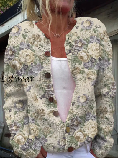 Elegant Retro Floral Print Buttoned Casual Long-Sleeved Cardigan Sweater A / S