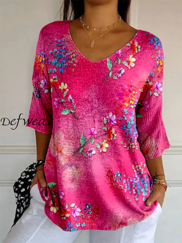 Elegant Retro Floral Print Knitting V-Neck Pattern Mercerized Cotton Mid-Length Sleeve Top A / S