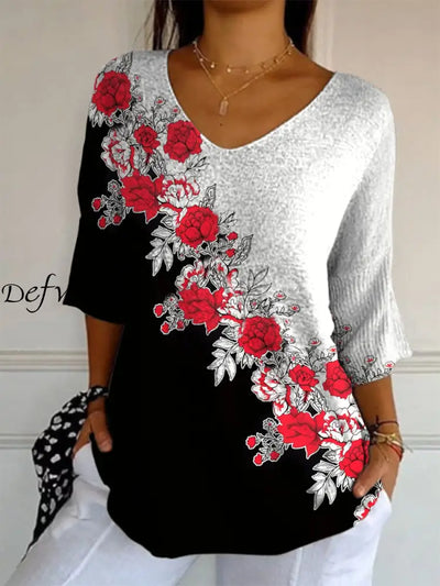 Elegant Retro Floral Print V-Neck Loose Mid-Length Sleeve Top A / S