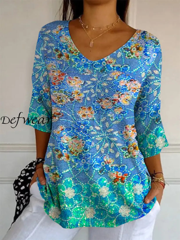 Elegant Retro Floral Print V-Neck Loose Mid-Length Sleeve Top A / S