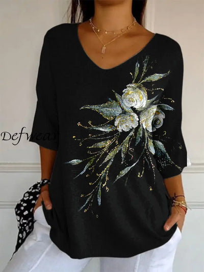 Elegant Retro Floral Print V-Neck Loose Mid-Length Sleeve Top A / S