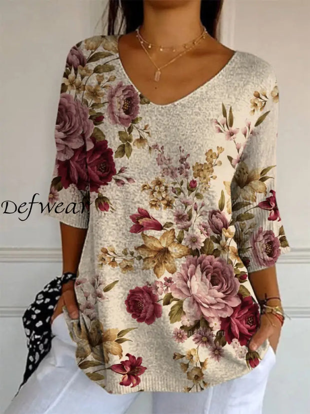 Elegant Retro Floral Print V-Neck Loose Mid-Length Sleeve Top A / S