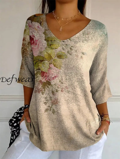 Elegant Retro Floral Print V-Neck Pattern Cotton Knit Mid-Length Sleeve Top A / S