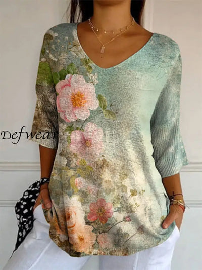 Elegant Retro Floral Print V-Neck Pattern Cotton Knit Mid-Length Sleeve Top A / S