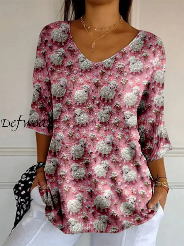 Elegant Retro Floral Print V-Neck Pattern Cotton Knit Mid-Length Sleeve Top A / S