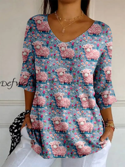 Elegant Retro Floral Print V-Neck Pattern Cotton Knit Mid-Length Sleeve Top A / S