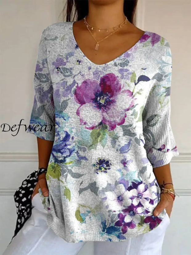 Elegant Retro Floral Print V-Neck Pattern Cotton Knit Mid-Length Sleeve Top A / S