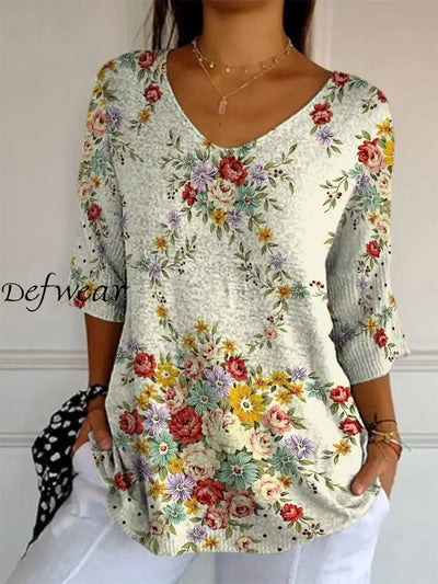 Elegant Retro Floral Print V-Neck Pattern Cotton Knit Mid-Length Sleeve Top A / S