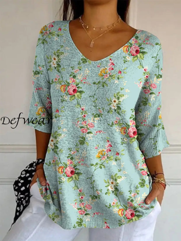 Elegant Retro Floral Print V-Neck Pattern Mercerized Cotton Mid-Length Sleeve Top A / S