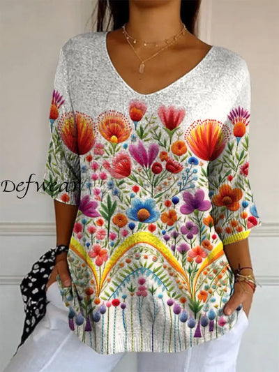 Elegant Retro Floral Print V-Neck Pattern Mercerized Cotton Mid-Length Sleeve Top A / S