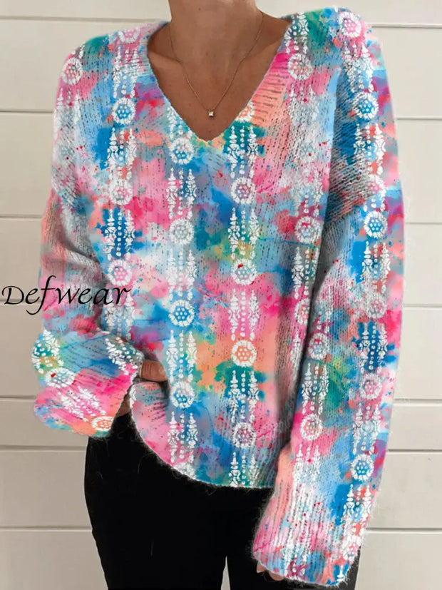 Elegant Retro Floral Print Vintage Chic V-Neck Long Sleeve Thick Knit Sweater A / S