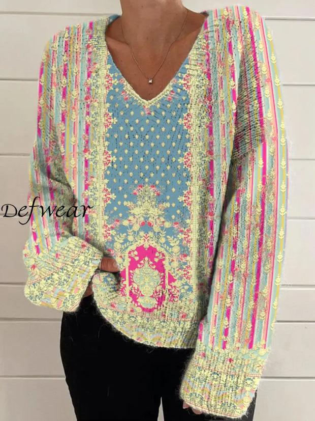 Elegant Retro Floral Print Vintage Chic V-Neck Long Sleeve Thick Knit Sweater A / S