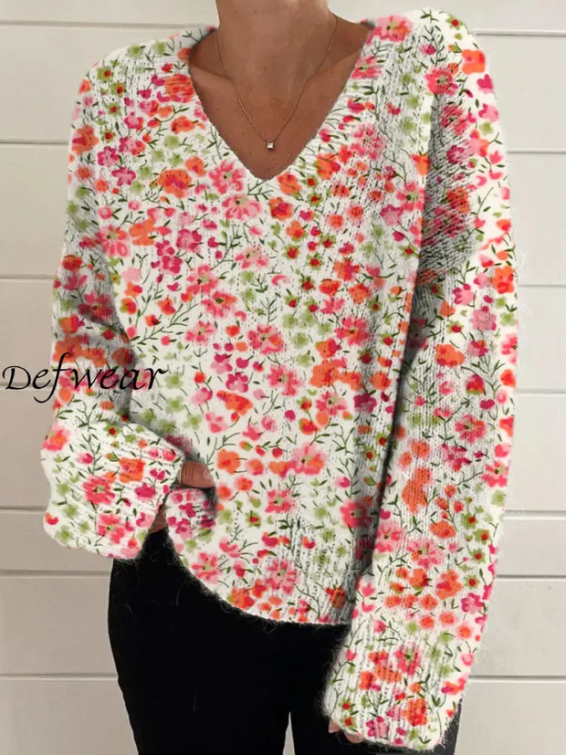 Elegant Retro Floral Print Vintage Chic V-Neck Long Sleeve Thick Knit Sweater A / S