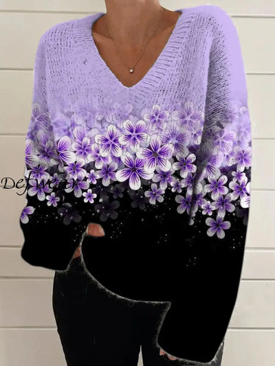 Elegant Retro Floral Print Vintage Chic V-Neck Long Sleeve Thick Knit Sweater A / S