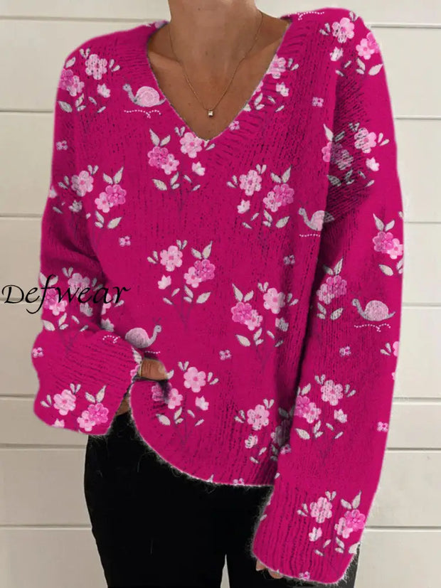 Elegant Retro Floral Print Vintage Chic V-Neck Long Sleeve Thick Knit Sweater A / S