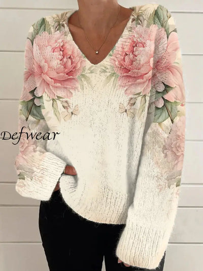 Elegant Retro Floral Print Vintage Chic V-Neck Long Sleeve Thick Knit Sweater A / S