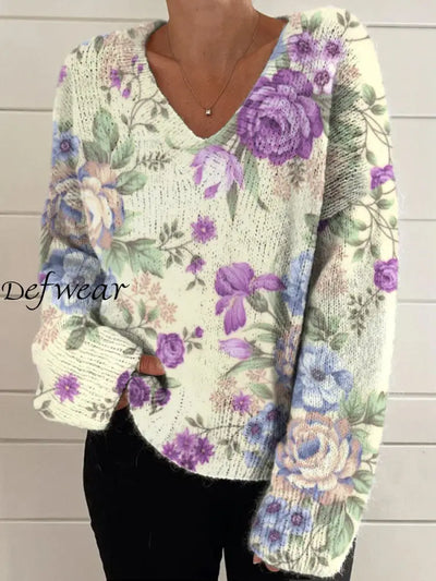 Elegant Retro Floral Print Vintage Chic V-Neck Long Sleeve Thick Knit Sweater A / S