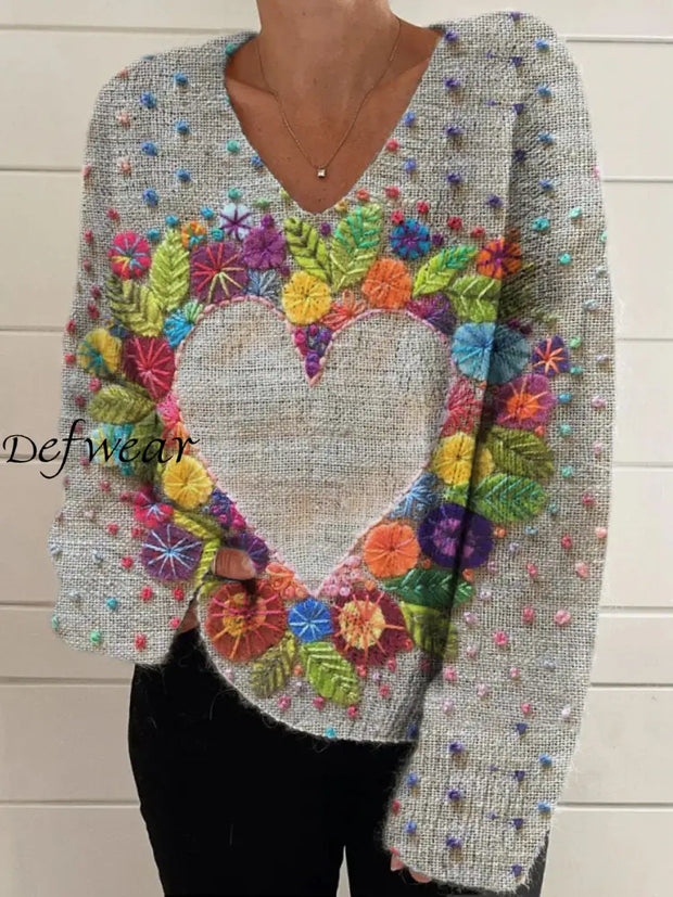 Elegant Retro Floral Print Vintage Chic V-Neck Long Sleeve Thick Knit Sweater A / S