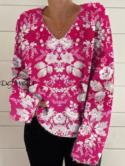 Elegant Retro Floral Print Vintage Chic V-Neck Long Sleeve Thick Knit Sweater A / S